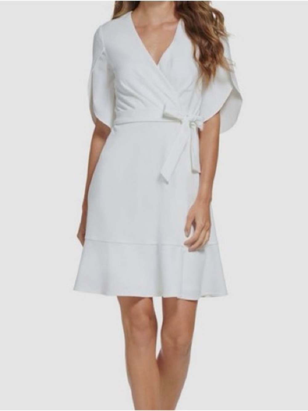 DKNY Ivory Faux Wrap Flutter Sleeve Tie Waist Dress Size 10